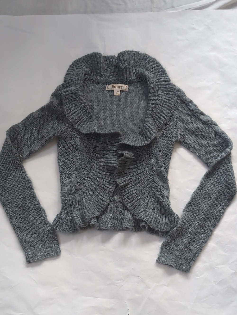 Decree Gray Ruffled Cable-Knit Open Cardigan-XS